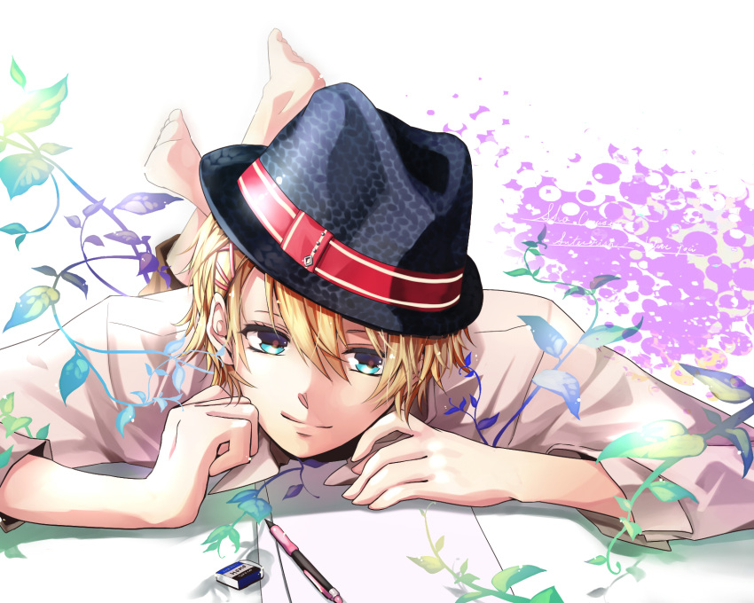 1boy asasumiboochan blonde_hair blue_eyes eraser hat highres kurusu_shou male mechanical_pencil pencil solo uta_no_prince-sama