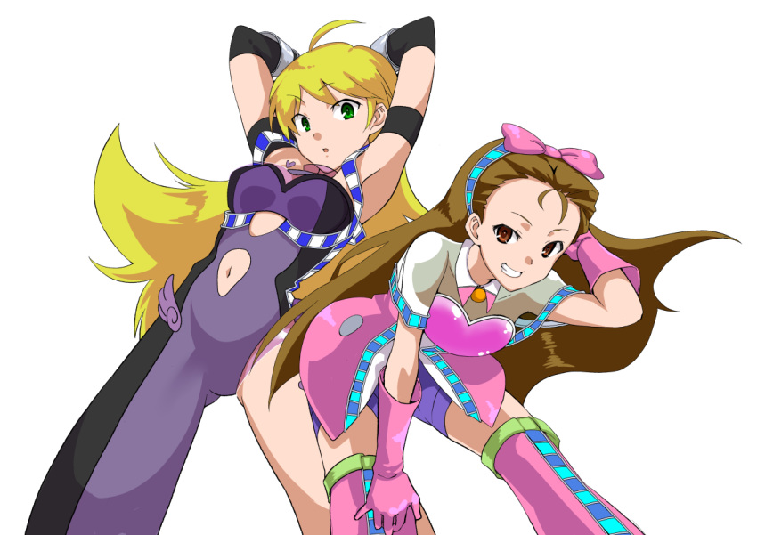 arms_up blonde_hair boots breasts brown_eyes brown_hair cosmic_&amp;_funny_(idolmaster) gloves green_hair grin heart hoshii_miki idolmaster leaning_forward long_hair looking_down minase_iori multiple_girls navel_cutout open_mouth panty_&amp;_stocking_with_garterbelt parody smile transparent_background youhei_(testament)