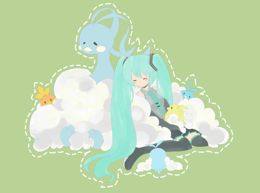 1girl altaria alternate_color aqua_hair closed_eyes detached_sleeves eyes_closed hatsune_miku long_hair momobeko necktie odd_one_out pokemon pokemon_(creature) shiny_pokemon simple_background sitting skirt swablu thigh-highs thighhighs torchic twintails very_long_hair vocaloid