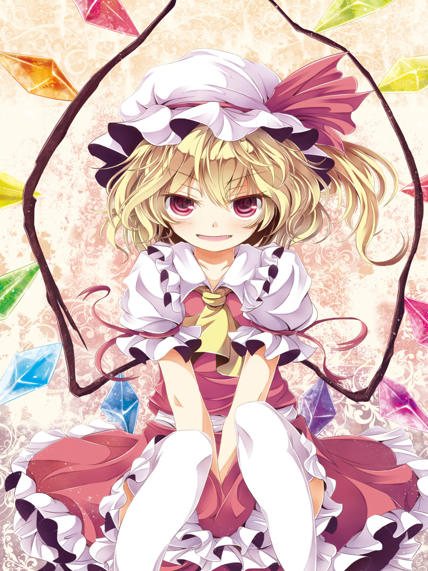 1girl ascot between_legs blonde_hair blush fang flandre_scarlet hand_between_legs hands_together hat highres looking_at_viewer red_eyes short_hair side_ponytail sitting solo tamago_gohan thigh-highs thighhighs touhou white_legwear wings