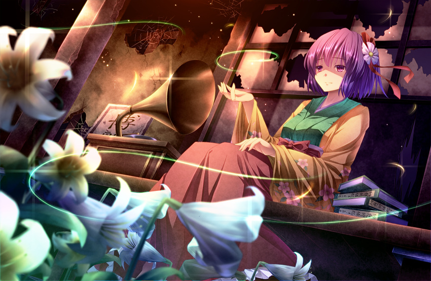 book book_stack dutch_angle floral_print flower hair_flower hair_ornament hieda_no_akyuu highres japanese_clothes kimono lights lily_(flower) phonograph purple_eyes purple_hair ryosios sash shaded_face shadow_over_eyes short_hair sitting solo spider_web touhou violet_eyes