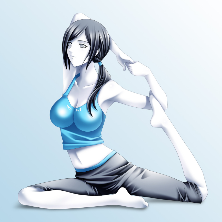 1girl barefoot black_hair breasts capri_pants flexible grey_eyes highres impossible_clothes large_breasts long_hair midriff navel ponytail simple_background smile solo spandex tamamon tank_top trainer_(wii_fit) white_skin wii_fit yoga