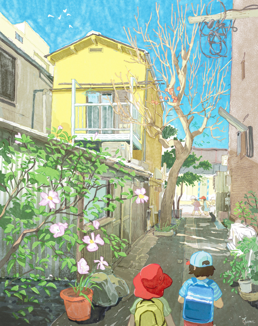 2others absurdres alley aymeric_kevin backpack bag balcony bare_tree baseball_cap bird black_cat blue_bag blue_headwear blue_shirt blue_sky brown_hair building cat child facing_away faux_traditional_media flower hat highres house multiple_others original pink_flower plant potted_plant red_headwear rock scenery shirt short_hair short_sleeves signature sky striped_clothes striped_shirt tree watercolor_effect weeds yellow_bag
