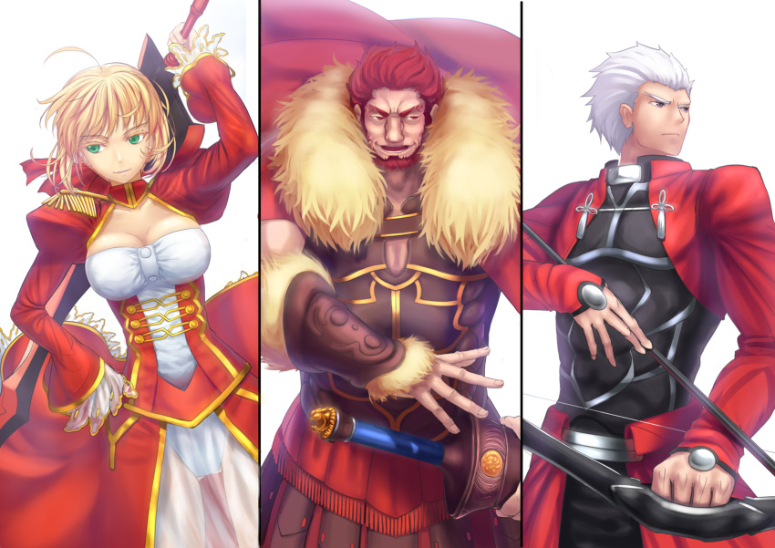 2boys aestus_estus ahoge archer armor beard blonde_hair bow_(weapon) breasts cape cleavage color_connection dark_skin dress epaulettes facial_hair fate/extra fate/stay_night fate/zero fate_(series) green_eyes hair_ribbon highres large_breasts multiple_boys panties red red_eyes red_hair redhead ribbon rider_(fate/zero) saber_extra see-through short_hair sword tsukikanade type-moon underwear weapon white_hair