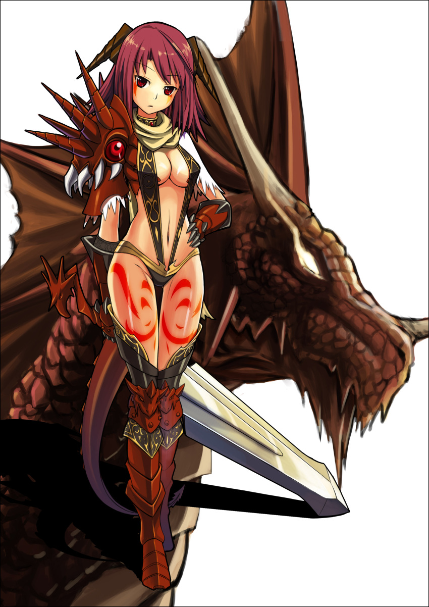 absurdres armor black_legwear boots breasts cleavage dragon dragon_girl facial_mark fantasy gauntlets highres horns knightzzz large_breasts legs long_legs original pink_hair red_legwear slender sling_bikini swimsuit sword tail tattoo thigh_boots thigh_gap thighhighs thighs weapon