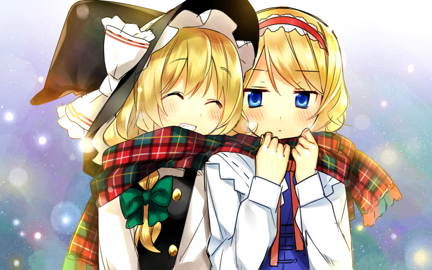 ^_^ absurdres alice_margatroid blonde_hair blue_eyes blush braid bust capelet closed_eyes flat_gaze hairband hanabana_tsubomi hat highres kirisame_marisa multiple_girls perfect_cherry_blossom plaid plaid_scarf ribbon scarf shared_scarf smile touhou witch witch_hat