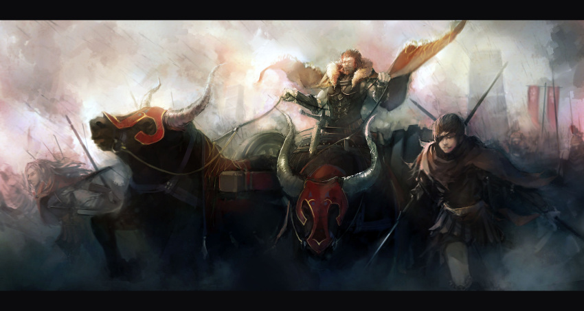 armor beard blueman brown_hair bull cape chariot eyepatch facial_hair fate/stay_night fate/zero fate_(series) gordius_wheel highres letterboxed male multiple_boys ox polearm red_hair redhead reins rider_(fate/zero) soldiers spear weapon