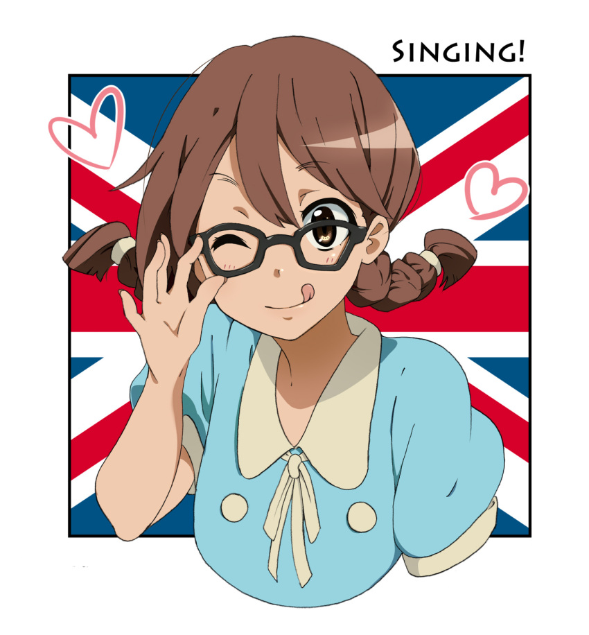 :q adjusting_glasses alternate_hairstyle bespectacled braid brown_eyes brown_hair dress flag glasses highres hirasawa_yui k-on! k-on!_movie piroshiki short_hair singing! solo tongue tongue_out twin_braids union_jack wink