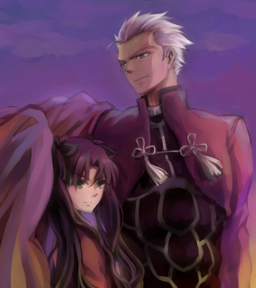 1girl archer bad_id brown_eyes brown_hair ch3507 cloak dark_skin fate/stay_night fate_(series) green_eyes grey_eyes hair_ribbon height_difference highres long_hair ribbon tohsaka_rin toosaka_rin twintails two_side_up white_hair