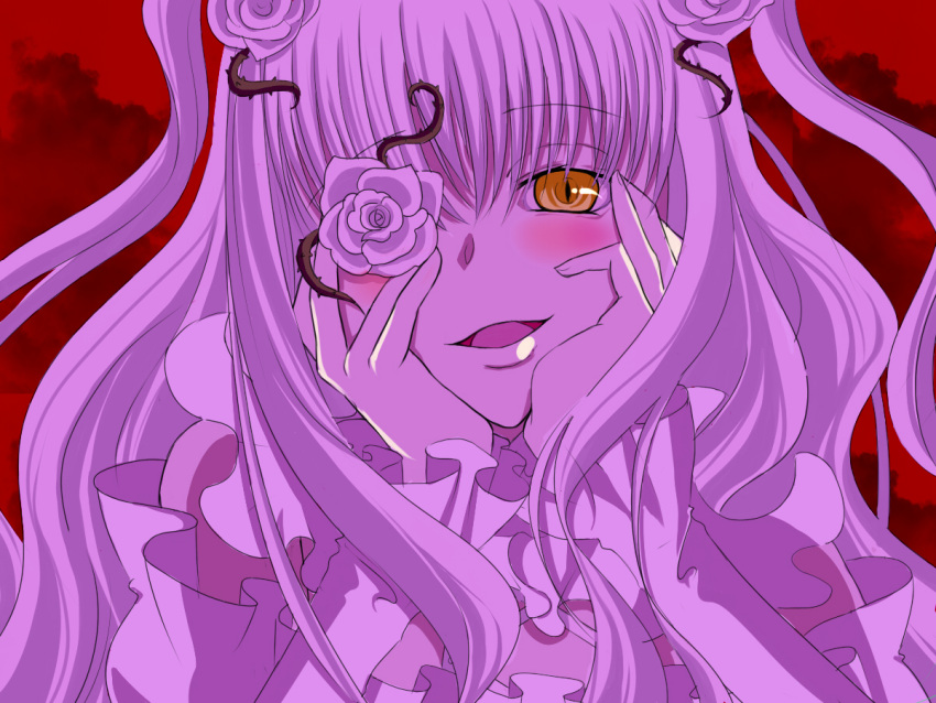 flower frills gasai_yuno gathers hair_flower hair_ornament hands_on_own_cheeks hands_on_own_face kirakishou kyanpin long_hair looking_at_viewer mirai_nikki open_mouth parody red_background rozen_maiden solo two_side_up yandere_trance yellow_eyes