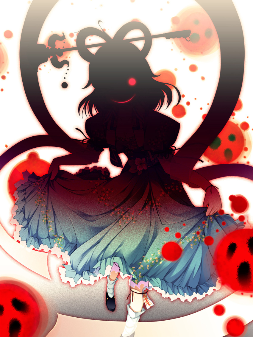breasts chima_q cleavage crazy_smile dress floral_print flower glowing glowing_eyes grin hair_rings hair_stick highres kaku_seiga ofuda red_eyes shadow shawl skirt skirt_hold skirt_lift smile solo touhou vest