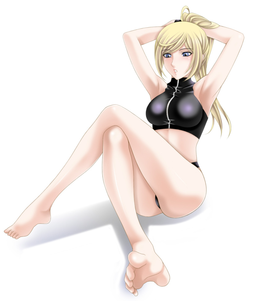 :o armpits bad_id barefoot blonde blonde_hair blue_eyes crop_top crossed_legs feet highres legs long_hair metroid midriff nintendo no_shoes ponytail samus_aran simple_background sitting solo tamamon taut_shirt