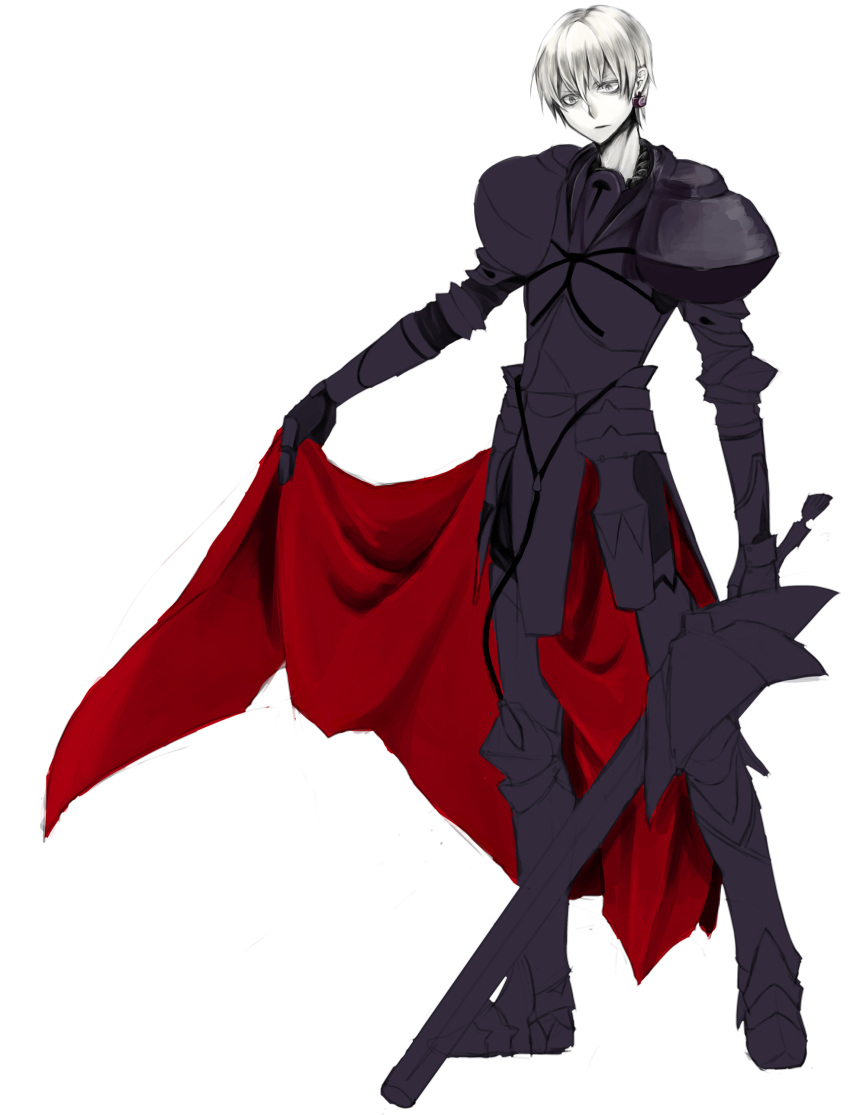 1boy absurdres armor cape dark_persona ea_(fate/stay_night) earrings fate/stay_night fate_(series) gilgamesh highres jewelry loco_maru short_hair simple_background solo white_background white_hair