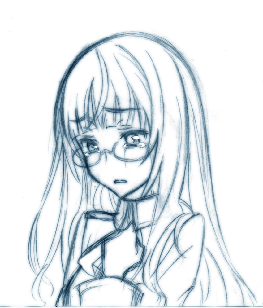 bangs blunt_bangs bust clenched_hand face glasses highres kokutou-kuiuti long_hair monochrome perrine_h_clostermann sketch solo strike_witches tears