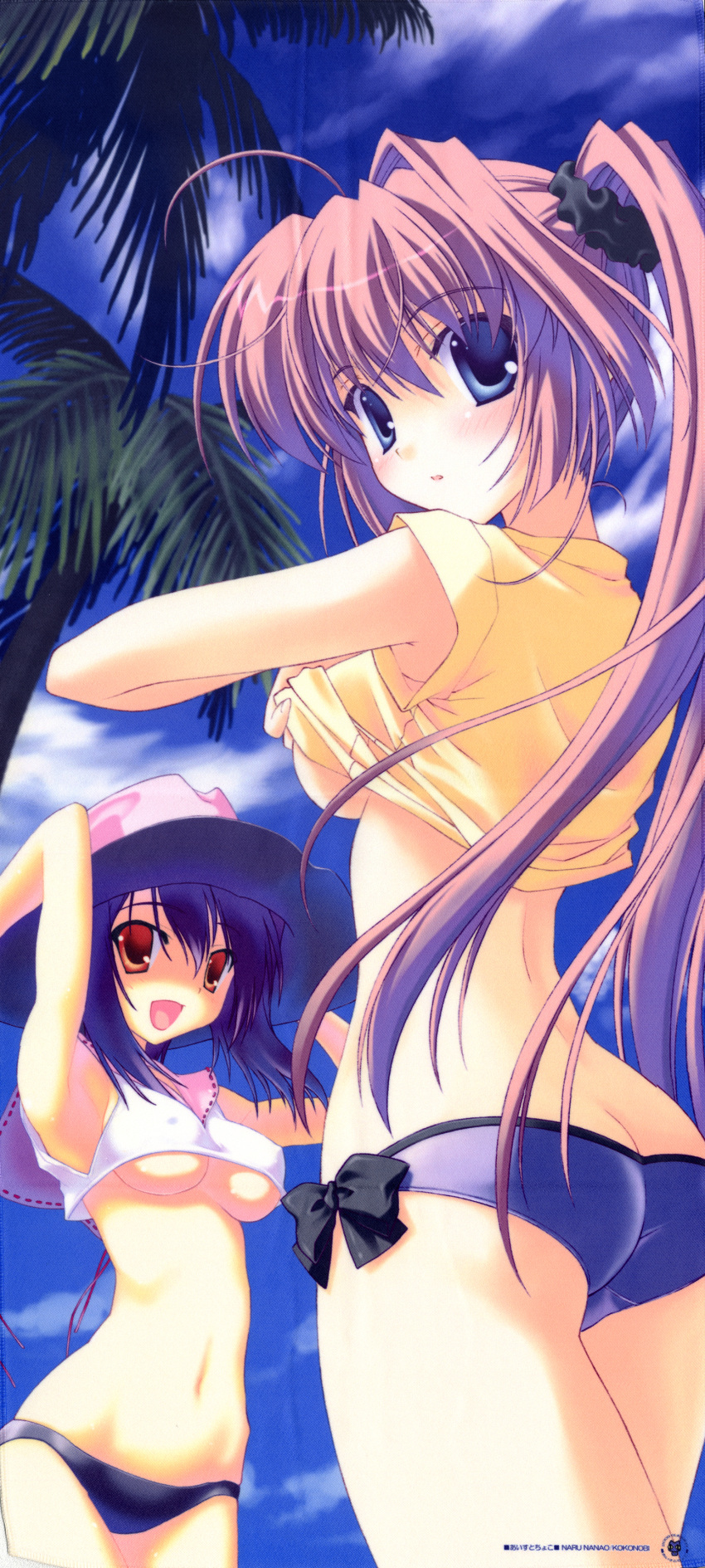 :d :o absurdres ahoge ass bikini blue_eyes blue_hair blush breasts butt_crack cloud copyright_request crop_top erect_nipples from_behind hat highres kokonobi long_hair long_image looking_at_viewer looking_back midriff multiple_girls nanao_naru open_mouth palm_tree pink_hair red_eyes sailor_collar scan side_ponytail sky smile stick_poster swimsuit tall_image tree under_boob underboob undressing very_long_hair