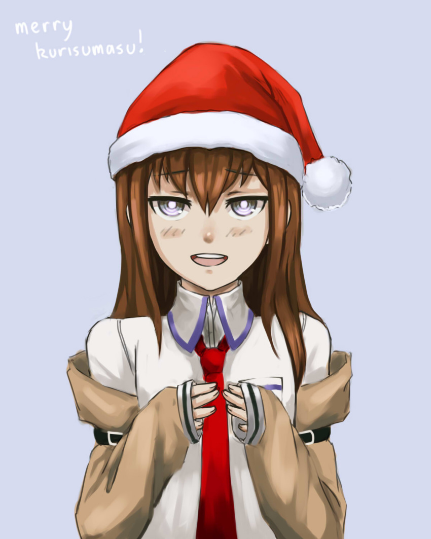 brown_hair bust english flat_chest hat highres imageboard_colors jacket long_hair makise_kurisu merry_christmas necktie off_shoulder pas_(paxiti) pun purple_eyes santa_hat shirt simple_background solo steins;gate violet_eyes