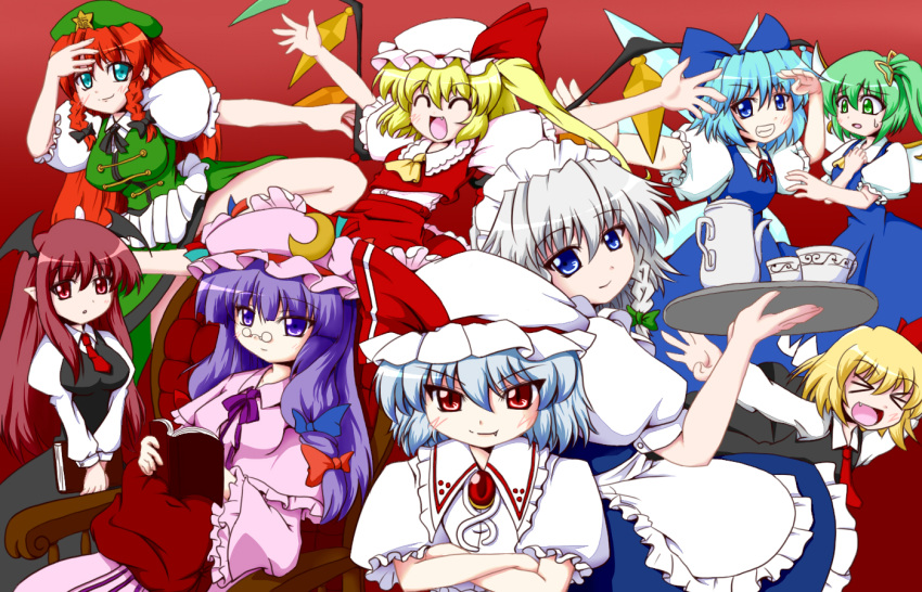 &gt;:) &gt;_&lt; :d :o ^_^ aqua_eyes arms_up ascot bespectacled blonde_hair blue_eyes blue_hair book bow braid breasts brooch chair china_dress chinese_clothes cirno closed_eyes crescent crossed_arms cup daiyousei dress_shirt everyone eyes_closed fang flandre_scarlet glasses green_eyes green_hair grey_hair grin hair_bow hair_ribbon hand_on_own_chest happy hat hat_ribbon head_wings hong_meiling izayoi_sakuya jewelry koakuma light_smile long_hair long_sleeves maid maid_headdress multiple_girls necktie no_wings open_book open_mouth outstretched_arms patchouli_knowledge pince-nez purple_eyes purple_hair reading red red_background red_eyes red_hair redhead remilia_scarlet ribbon rumia salute shirt short_hair side_ponytail silver_hair simple_background sitting skirt skirt_set smile spread_arms star sweatdrop teacup teapot the_embodiment_of_scarlet_devil touhou tray twin_braids v_arms vest violet_eyes wallpaper wings xd youkai