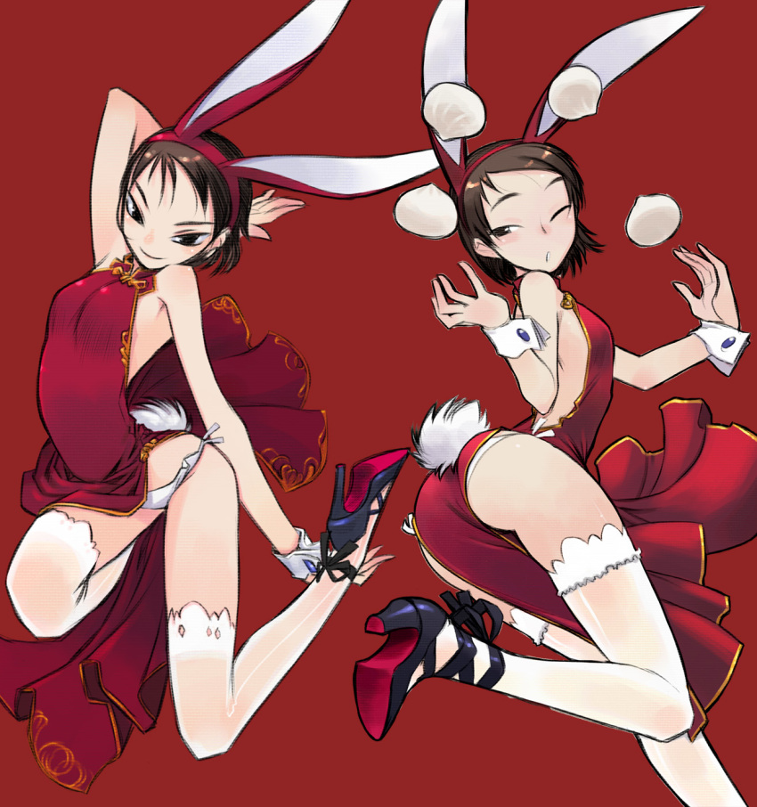 animal_ears arm_up ass bare_shoulders bikini brown_eyes brown_hair bunny_ears bunny_tail china_dress chinese_clothes cross-laced_footwear fake_animal_ears food hairband high_heels highres juggling lace lace-trimmed_thighhighs multiple_girls nakamura_tetsuya nikuman original panties pantyshot red_background shoes short_hair side-tie_bikini side-tie_panties simple_background smile swimsuit tail thigh-highs thighhighs underwear white_legwear white_panties wink wrist_cuffs