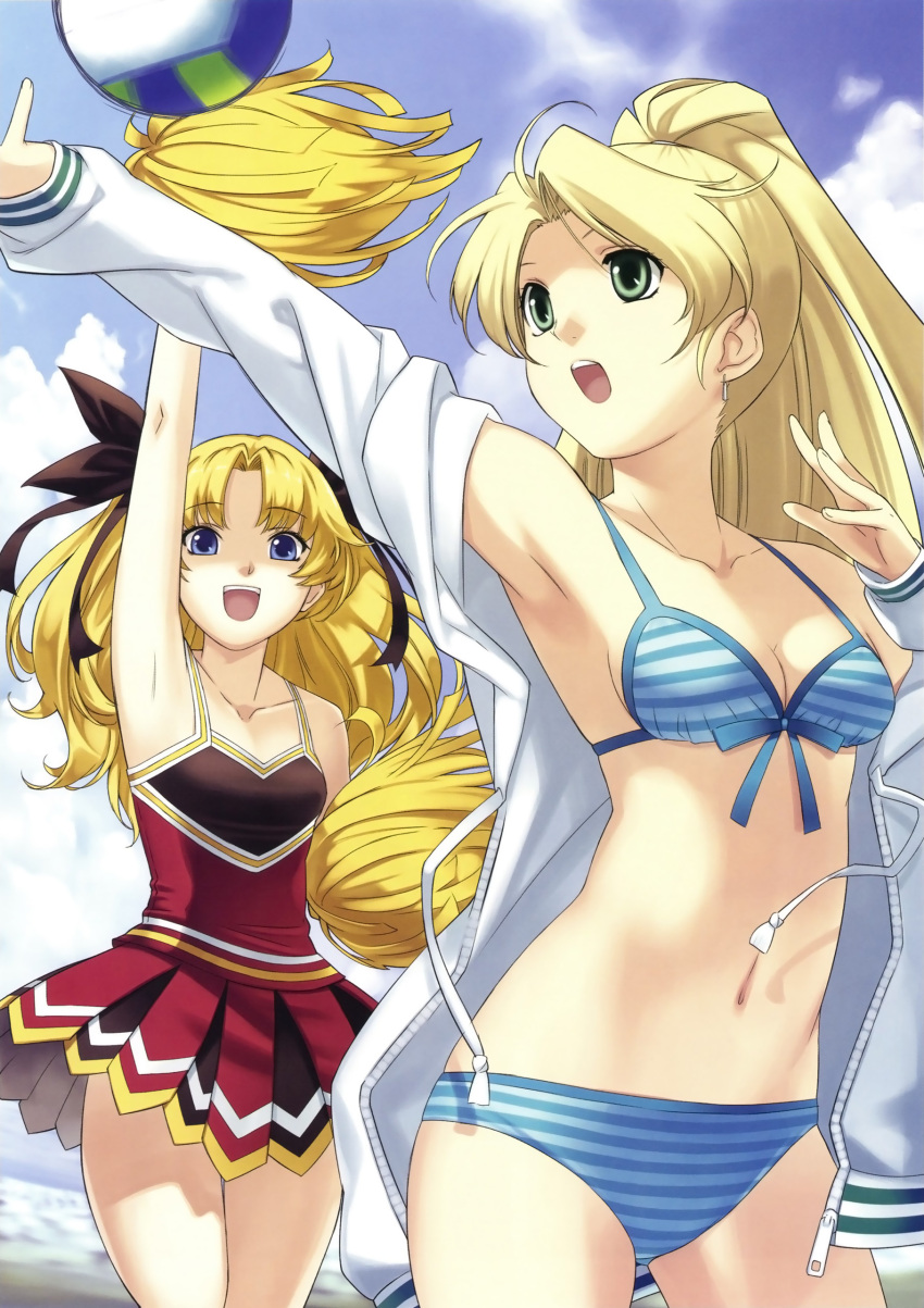 absurdres armpits atelier_(series) atelier_marie_alchemist_of_salburg ball beach beachball bikini blonde_hair blue_bikini blue_eyes bow breasts cheerleader cleavage cloud collarbone cross_edge crossover earrings front-tie_top green_eyes gust hair_bow highres hirano_katsuyuki jacket jewelry liliane_vehlendorf long_hair long_sleeves mana_khemia mana_khemia_2 marie_(atelier) multiple_girls navel official_art open_clothes open_mouth outdoors pom_poms ponytail skirt sky striped striped_bikini striped_swimsuit swimsuit