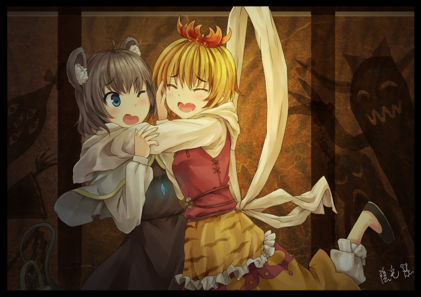 absurdres animal_ears basket blonde_hair blue_eyes blush capelet closed_eyes dress eyes_closed frame glomp grey_hair hair_ornament hand_on_another's_face hand_on_another's_face highres hoodie hug jewelry lace long_sleeves mouse_ears mouse_tail multiple_girls nazrin necklace open_mouth oto_taku painting pendant pendulum short_hair signature smile tail toramaru_shou touhou yinzhai