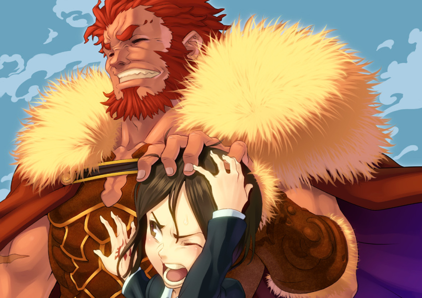 armor beard black_hair brown_eyes cape command_spell facial_hair fate/stay_night fate/zero fate_(series) hand_on_head headpat height_difference male multiple_boys pairan patting petting red_hair redhead rider_(fate/zero) short_hair size_difference waver_velvet wince