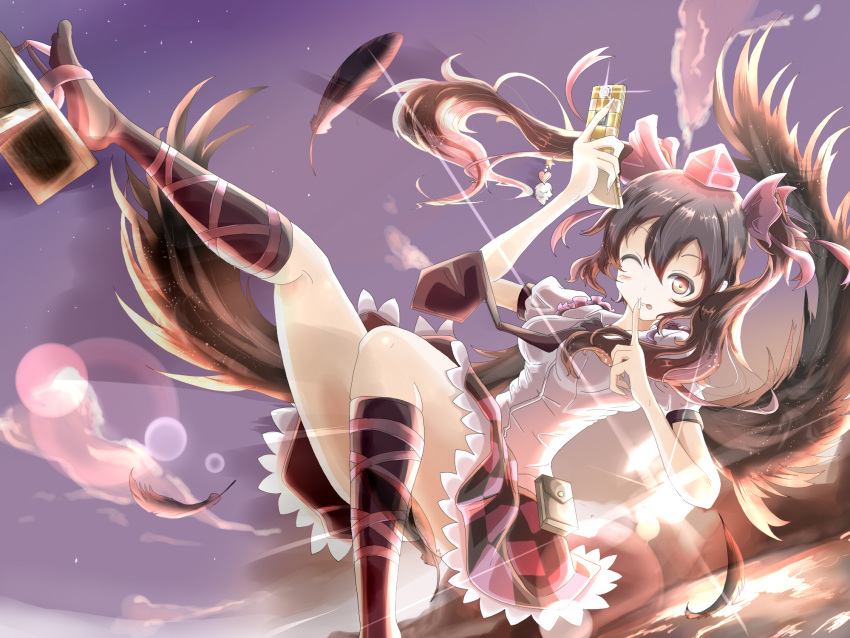 bad_hands bad_proportions black_hair bow breasts cellphone dress_shirt feathers finger_to_mouth footwear geta hair_bow highres himekaidou_hatate kuroneko-w-b kuroneko_(fragrant_olive) lens_flare necktie phone red_eyes sandals shirt skin_tight skirt socks solo sunset tengu-geta thighs tongue touhou twintails wings wink