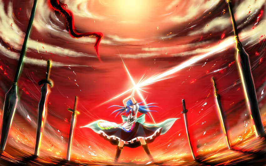 alternate_weapon apron arm_grab arm_up blouse blue_hair boots cloud fate/stay_night fate_(series) field_of_blades highres hinanawi_tenshi katana lace long_hair nekominase no_hat no_headwear planted_sword planted_weapon polearm pose red_eyes skirt sky solo spear sword touhou unlimited_blade_works weapon