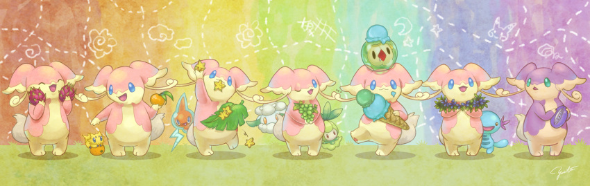 audino character_request cottonee flower food fruit grapes highres ice_cream joltik no_humans odd_one_out orange petilil pokemon pokemon_(creature) rainbow rainbow_background rotom shiny_pokemon solosis starfruit wooper yorujisa_yuuto