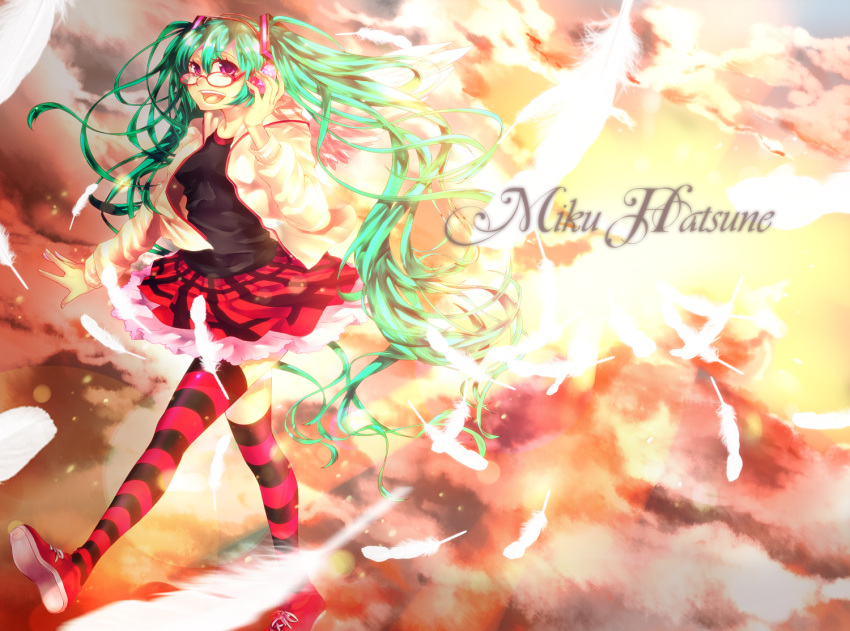 96neko 96neko_mtm bespectacled character_name checkered checkered_skirt cloudy_sky feathers glasses green_hair hand_on_headphones hatsune_miku headphones highres jacket long_hair open_mouth purple_eyes shoes skirt sneakers solo striped striped_legwear sunlight thigh-highs thighhighs twintails very_long_hair violet_eyes vocaloid