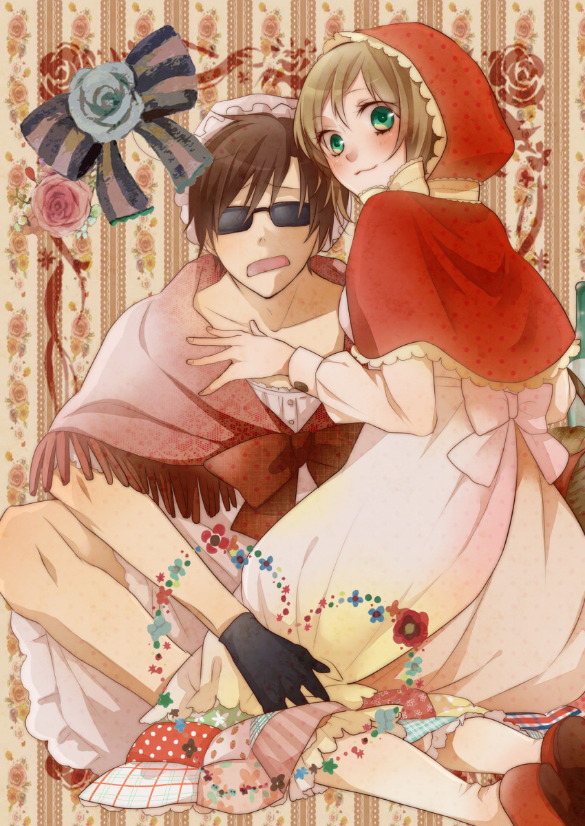 1girl :3 ahoge alternate_costume ami7 apron arms_up axis_powers_hetalia bangs basket belgium_(hetalia) black_gloves blue_rose blush bonnet bottle bowtie brown_hair capelet cosplay couple crossdressinging dress fingernails floral_background floral_print flower frills gloves green_eyes halftone hand_on_another's_chest hand_on_another's_chest hand_on_leg heart highres hood indian_style kneeling little_red_riding_hood little_red_riding_hood_(cosplay) little_red_riding_hood_(grimm) long_sleeves looking_at_viewer looking_back open_mouth pantyhose patchworks pink_rose poncho red_rose rose short_hair sitting skirt smile southern_italy_(hetalia) sunglasses swept_bangs white_legwear