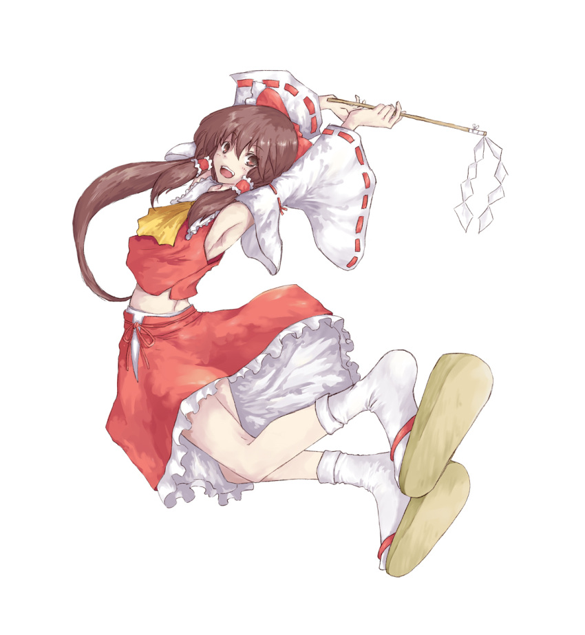 \o/ armpits arms_up ascot bow brown_eyes brown_hair detached_sleeves gohei hair_bow hair_tubes hakurei_reimu highres lace long_hair looking_at_viewer miko mumulatte open_mouth outstretched_arms ponytail sandals simple_background skirt sleeveless sleeveless_shirt smile solo touhou white_background white_legwear
