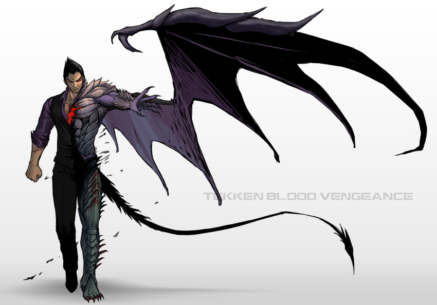 claws dark_persona demon_tail demon_wings devil_(tekken) male mishima_kazuya muscle pointy_hair solo tail tekken tekken_blood_vengeance title_drop transformation wings