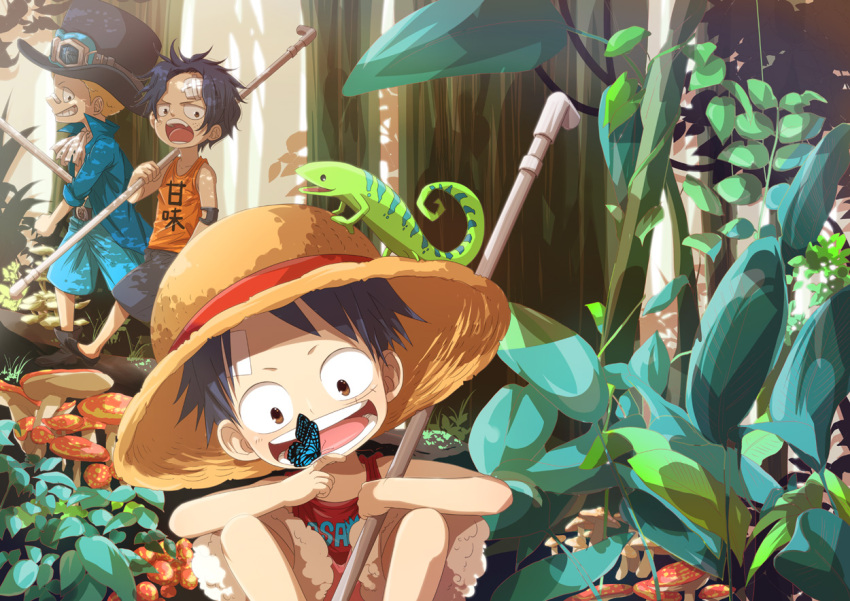 3boys bandage bandaid black_hair blonde_hair brother brothers brown_eyes butterfly child cravat family freckles goggles hat jacket lizard male monkey_d_luffy multiple_boys mushroom nyuu_men one_piece onemani open_mouth outdoors plant pole portgas_d_ace sabo sabo_(one_piece) scenery shorts siblings smile squatting straw_hat tank_top top_hat tree walking young