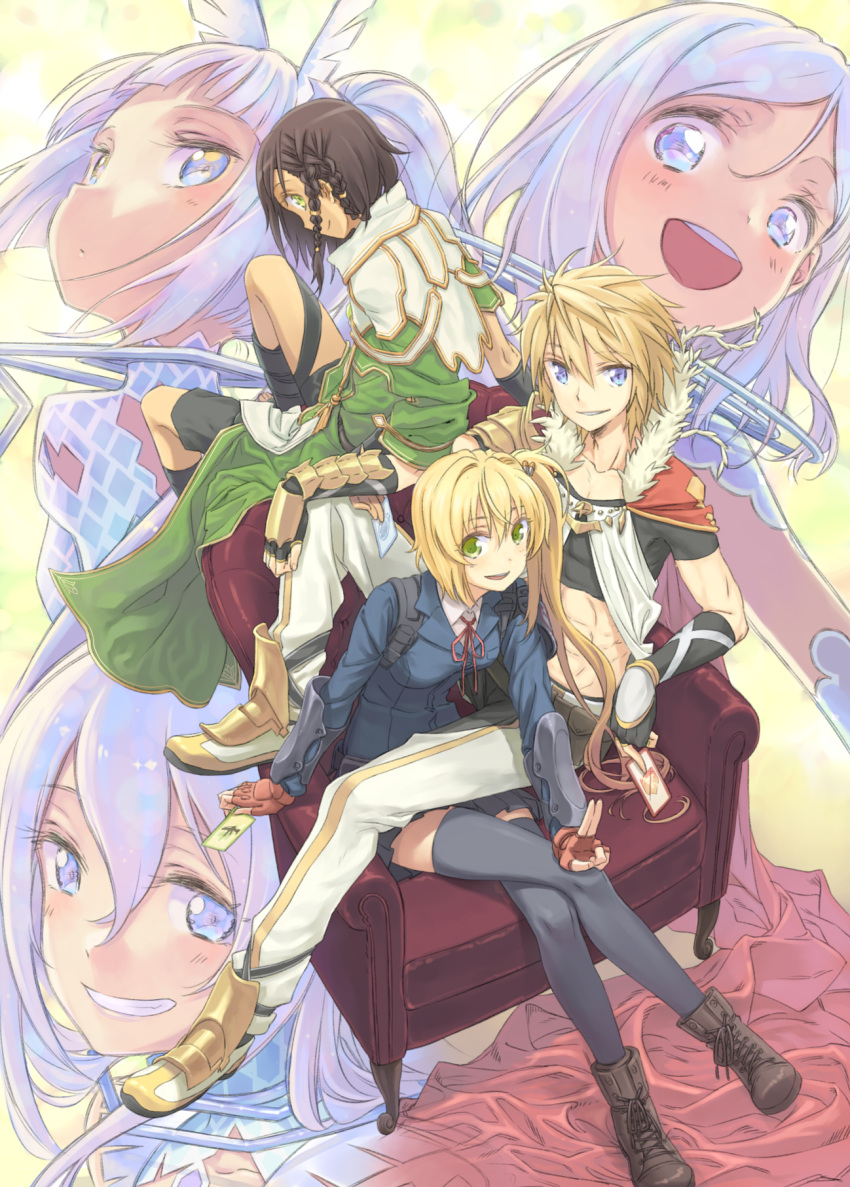 archellaura black_legwear blonde_hair blue_eyes blush boots brown_hair cape character_request copyright_request couch fingerless_gloves gauntlets gloves green_eyes grin highres long_coat long_hair looking_at_viewer looking_back midriff side_ponytail silver_hair sitting sitting_on_person smile thighhighs