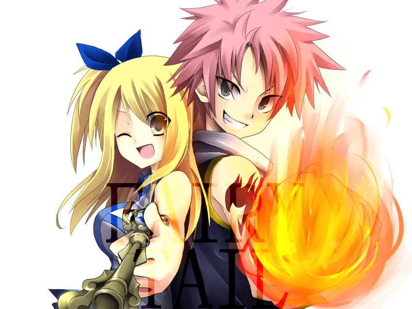 artist_request brown_eyes fairy_tail fire grey_eyes key lucy_heartfilia lucy_heartphilia murasaki_tsuki natsu_dragneel natsu_dragonil pink_hair smile tattoo wink