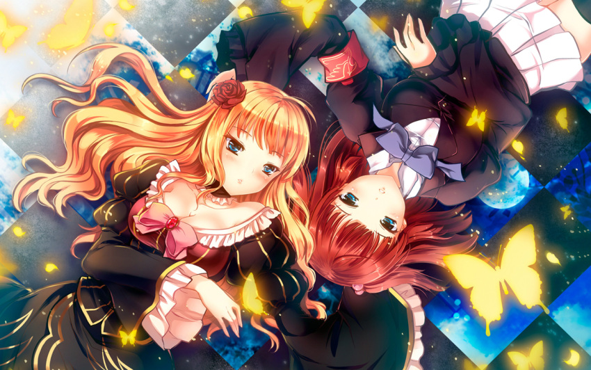 beatrice blonde_hair blue_eyes bow bowtie breasts butterfly checkered checkered_floor cleavage dress flower from_above hair_ornament large_breasts long_hair lying multiple_girls on_back red_hair redhead rose rotational_symmetry sadakofxe skirt umineko_no_naku_koro_ni ushiromiya_ange