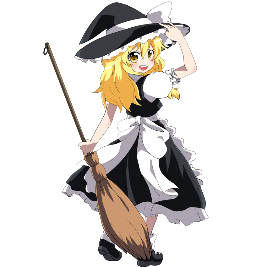 bad_id blonde_hair broom hat hat_tip highres kirisame_marisa long_hair looking_back massala open_mouth smile solo touhou transparent_background witch_hat yellow_eyes