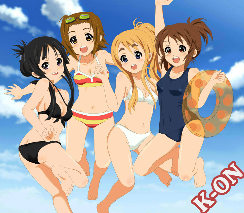 akiyama_mio bikini black_eyes black_hair blonde_hair blue_eyes brown_eyes brown_hair goggles highres hirasawa_yui innertube jumping k-on! kotobuki_tsumugi long_hair one-piece_swimsuit outstretched_arms school_swimsuit short_hair swimsuit tainaka_ritsu tonee