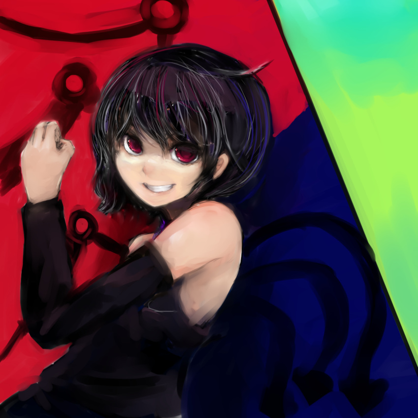 asymmetrical_wings bad_id black_hair detached_sleeves highres houjuu_nue red_eyes solo tasu_tasuta touhou wings