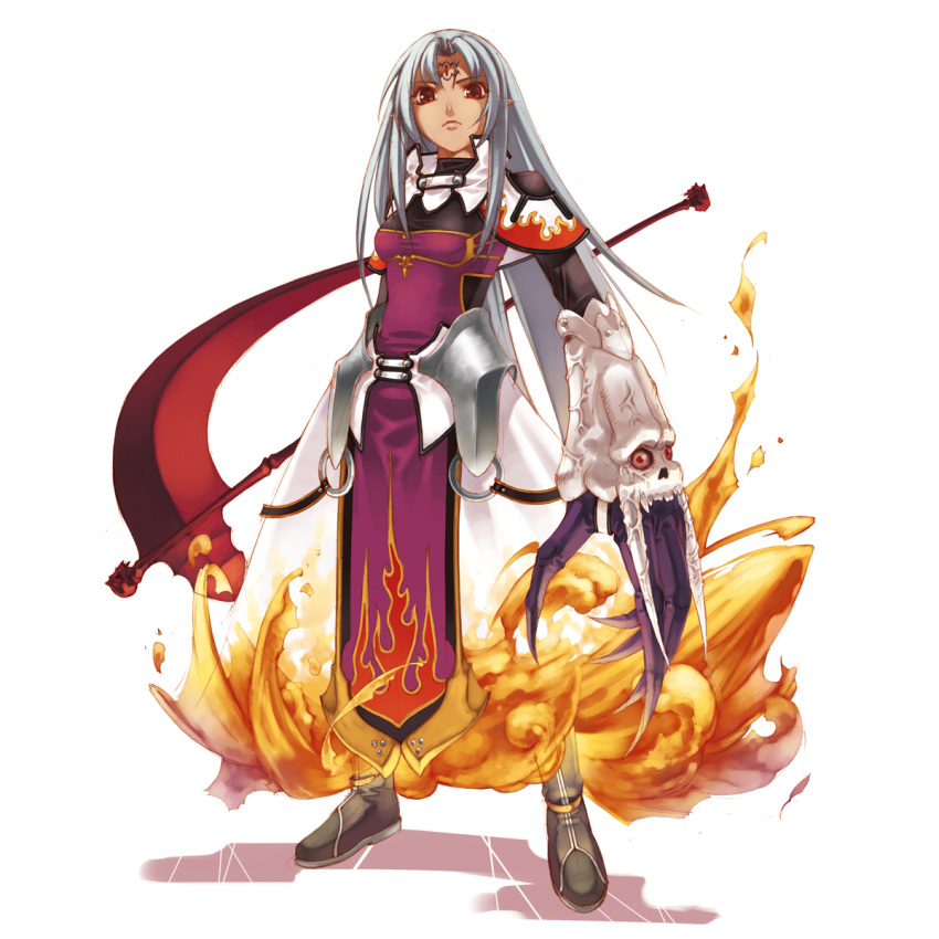 armor armored_dress boots claws dress facial_mark fire forehead_mark highres hillo idea_factory long_hair pointy_ears red_eyes scythe serious silver_hair spectral_force spectral_souls spectral_vs_generation tabard weapon white_background