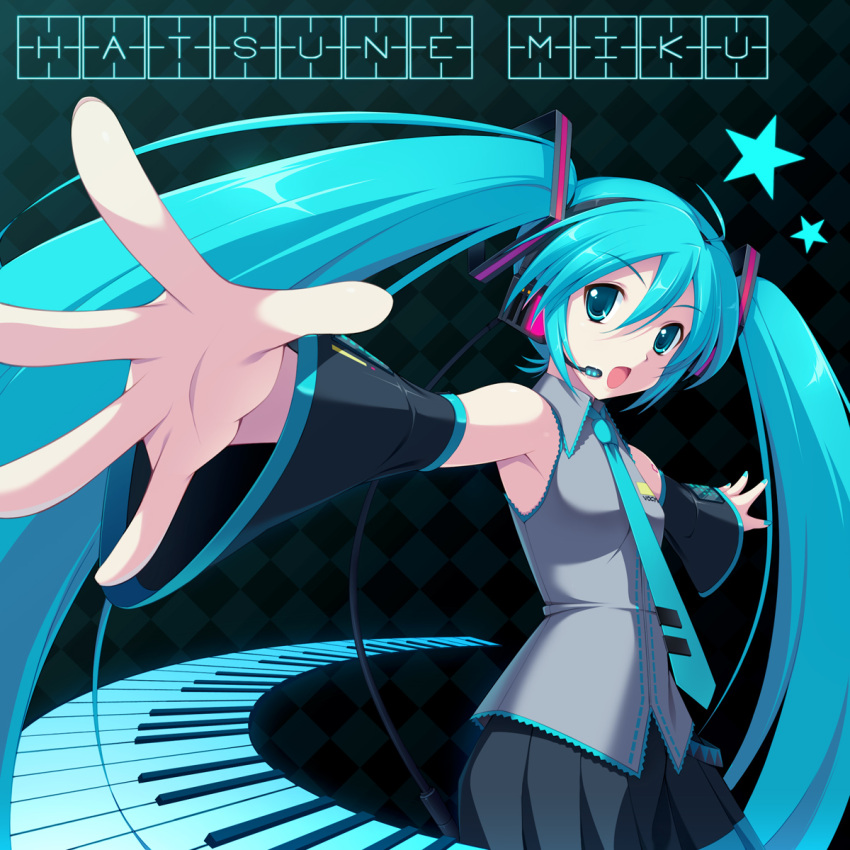 aqua_eyes aqua_hair checkered checkered_background cygnus_(artist) detached_sleeves foreshortening hands hatsune_miku headset highres necktie skirt solo star twintails vocaloid