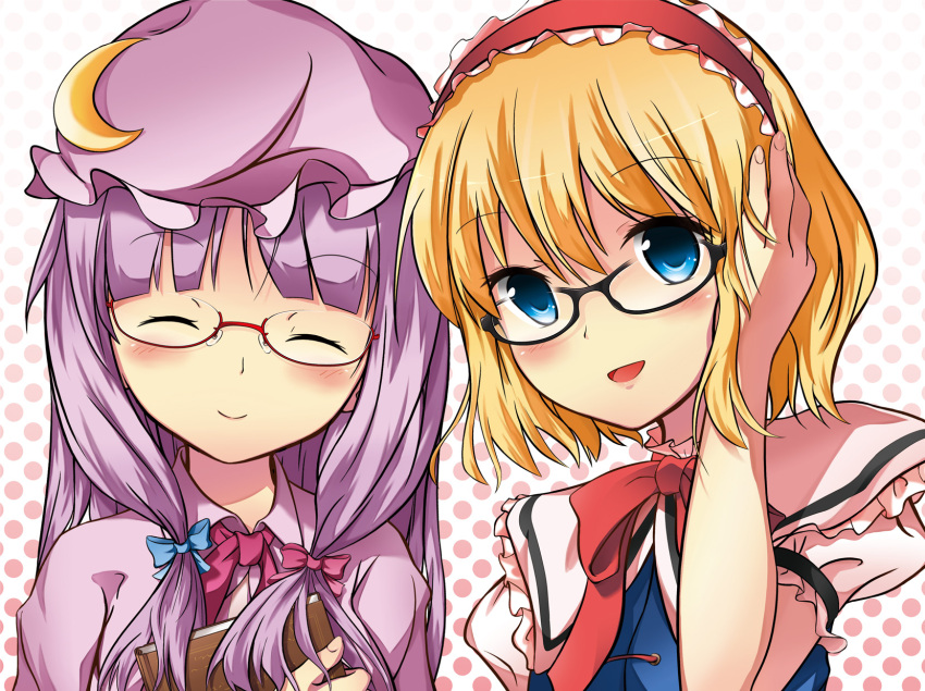 ^_^ adjusting_hair alice_margatroid bespectacled blonde_hair blue_eyes blush book closed_eyes crescent eyes_closed glasses hairband hat highres multiple_girls open_mouth patchouli_knowledge purple_hair sarekoube touhou