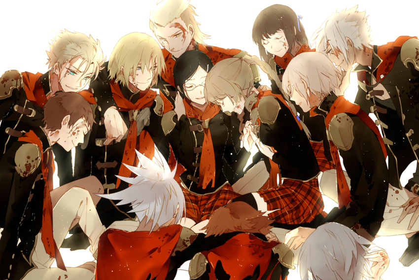 black_hair blonde_hair blood braid brown_hair cater_(fft-0) cinque_(fft-0) closed_eyes deuce_(fft-0) eight_(fft-0) everyone eyes_closed final_fantasy final_fantasy_type-0 glasses green_hair jack_(fft-0) jacket king_(fft-0) nine_(fft-0) ponytail queen_(fft-0) seven_(fft-0) sice_(fft-0) silver_hair skirt suou trey_(fft-0) yellow_eyes