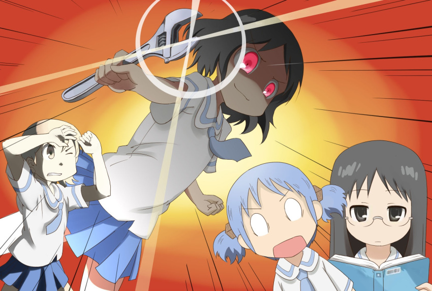 adjustable_wrench aioi_yuuko black_hair blue_hair brown_eyes brown_hair commentary evil_smile glasses glowing glowing_eyes hair_cubes hair_ornament highres lens_flare minakami_mai monkey_wrench multiple_girls naganohara_mio nichijou official_style oishii_garriel pink_eyes red_eyes school_uniform shinonome_nano short_hair short_twintails smile twintails wrench