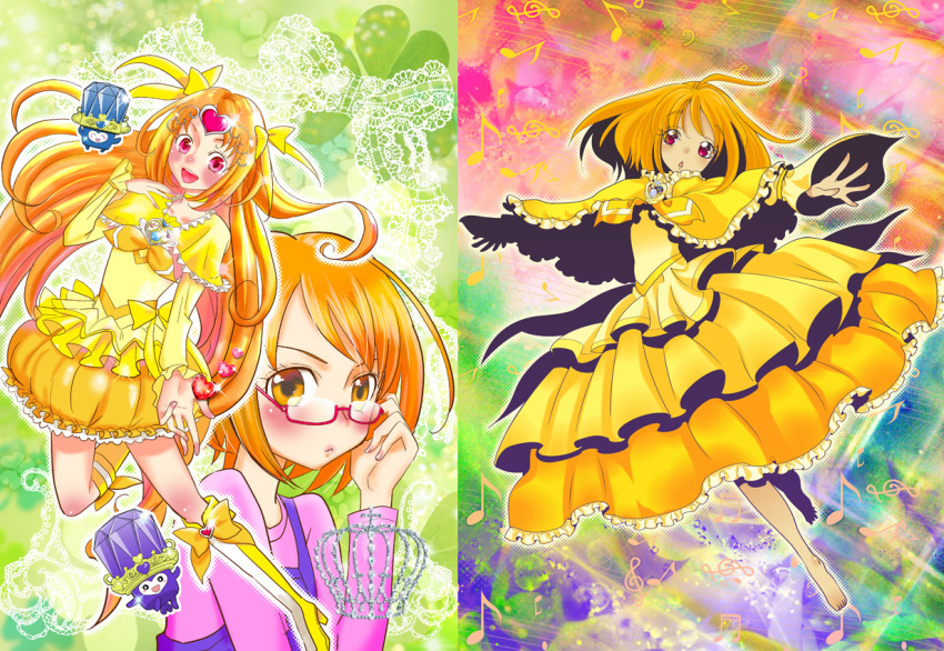 1girl adapted_costume adjusting_glasses barefoot blush boots bow brooch brown_eyes choker circlet cure_muse cure_muse_(yellow) dress fairy_tone frills glasses hair_ribbon heart jewelry long_hair magical_girl multiple_persona musical_note orange_hair outstretched_arms precure red-framed_glasses red_eyes ribbon shirabe_ako short_hair spread_arms suite_precure yasuda_makoto yellow_dress