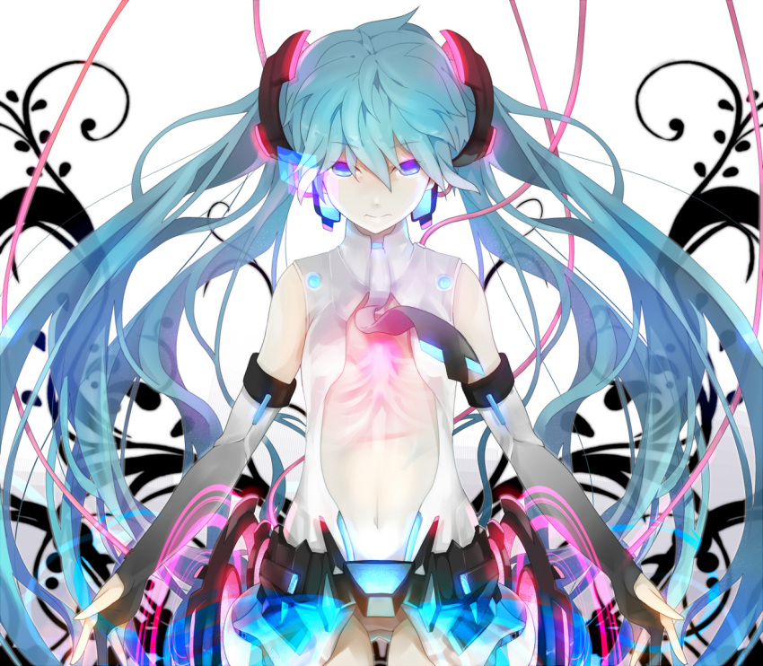 belt black_gloves blue_hair elbow_gloves gloves glowing grey_panties hair_ornament hatsune_miku hatsune_miku_(append) long_hair midriff miku_append navel necktie ogipote panties purple_eyes revealing_clothes shirt skirt solo twintails underwear violet_eyes vocaloid vocaloid_append