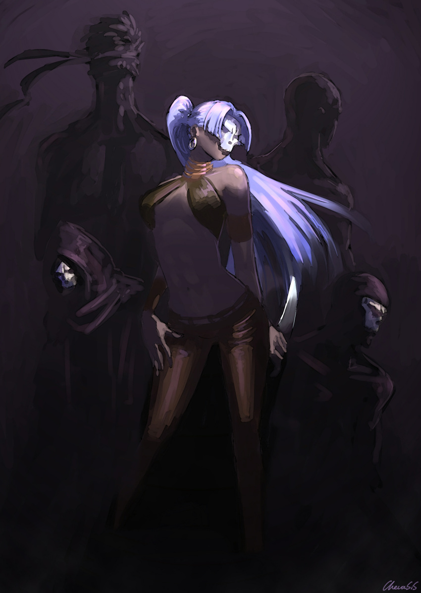 absurdres assassin_(fate/zero) bad_id black_skin blue_hair breasts chevasis cloak dagger earrings fate/stay_night fate/zero fate_(series) female_assassin_(fate/zero) highres jewelry knife mask midriff multiple_persona ponytail purple_hair robe skull_mask tight_pants under_boob underboob weapon