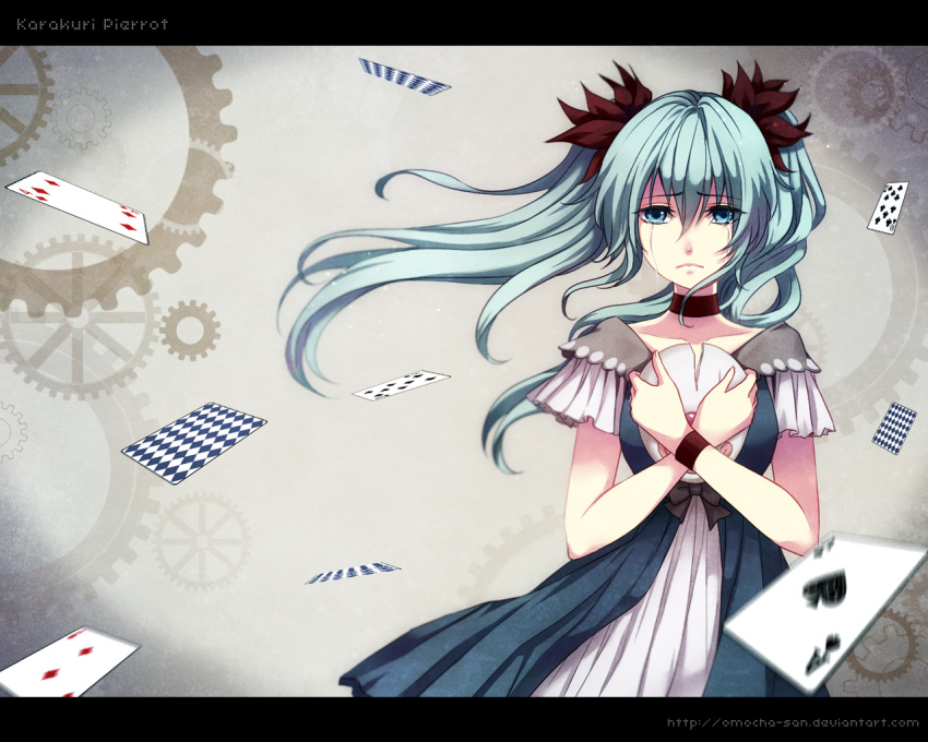 ace aqua_eyes aqua_hair card crying crying_with_eyes_open dress gears hatsune_miku karakuri_pierrot_(vocaloid) long_hair omocha-san playing_card sad solo tears twintails vocaloid wallpaper watermark web_address