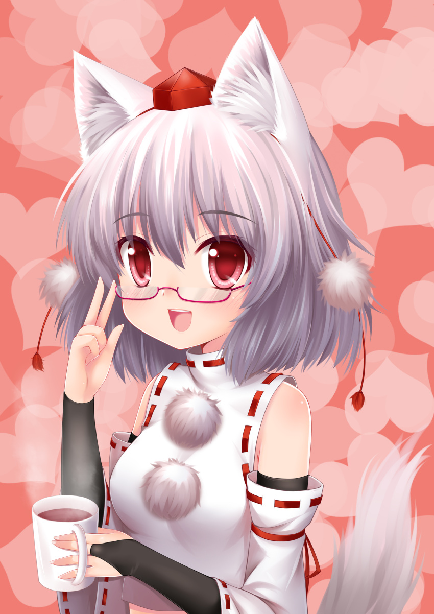 absurdres animal_ears bare_shoulders bespectacled blush breasts bridal_gauntlets bust coffee cup detached_sleeves glasses hat heart highres inubashiri_momiji langlong mug ookami_ryuu open_mouth pom_pom_(clothes) pom_pom_(clothing) purple-framed_glasses short_hair silver_hair smile solo tail tokin_hat touhou wolf_ears wolf_tail