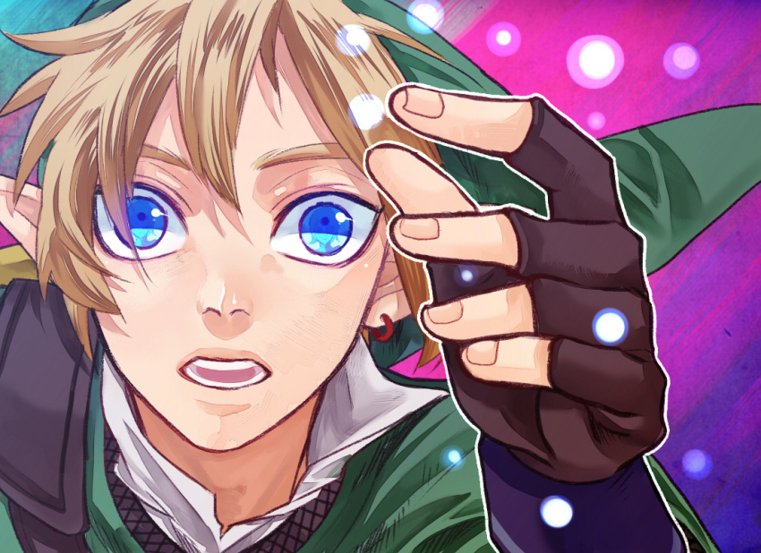 blue_eyes earrings eye_reflection fi fingerless_gloves gloves jewelry light_particles link looking_at_viewer male open_mouth reflection single_earring skyward_sword solo the_legend_of_zelda ys_(momonnga) ys_(momonnga)close_up